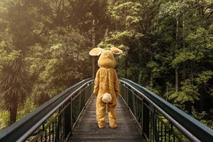 person in rabbit costume on bridge